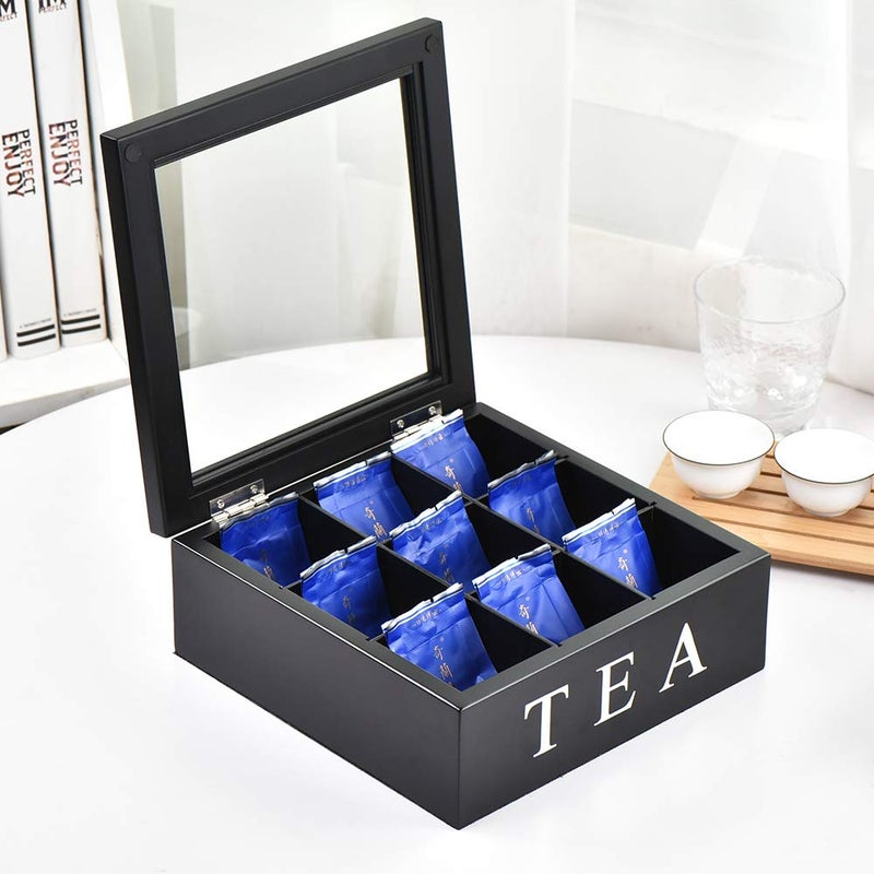 Fonture Wood Tea Storage Box, Teabag Storing 9 Compartments Wooden Tea Box Hinged Glass Lid Tea Organizer-Black - Image 1